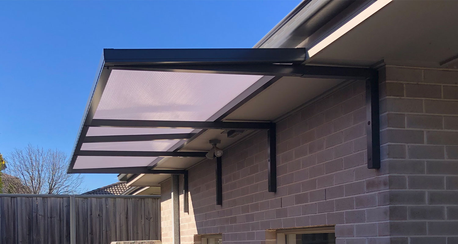 Slimline under eave aluminium awning with polycarbonate roofing