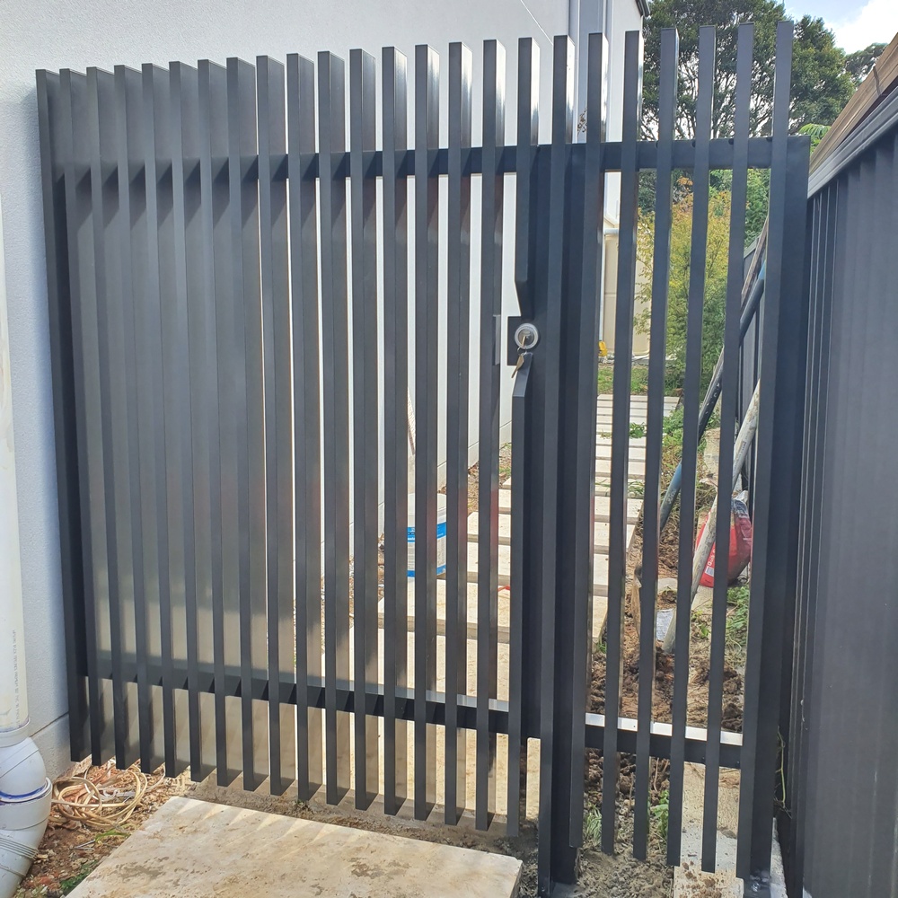 Vertical aluminium slat fence and gate with stainless steel lock made from 40x80 box section