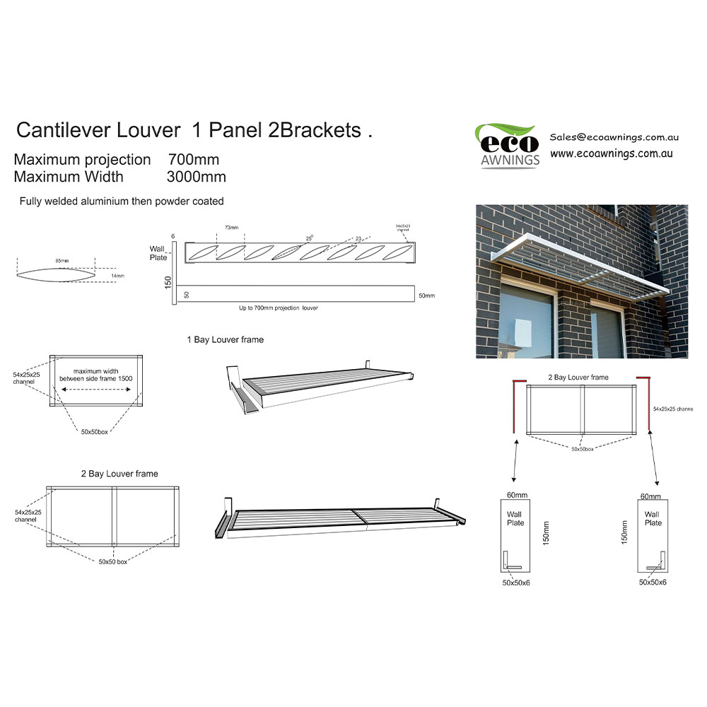 Technical drawing of a one-panel cantilever aluminium louvre with two brackets designed for up to 700 mm projection.