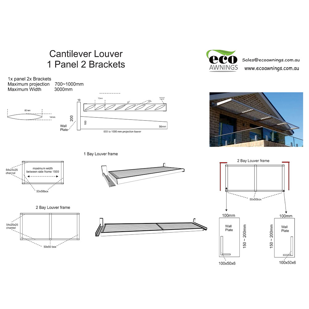 Technical drawing of a cantilever aluminium louvre showing a one-panel, two-bracket welded system with 700–1000 mm projection.
