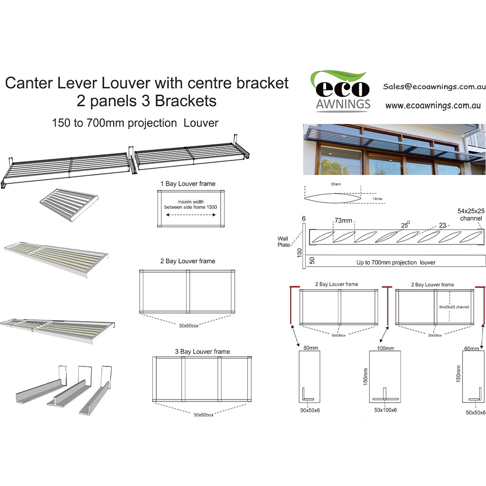 Technical drawing of a cantilever aluminium louvre with centre bracket showing a 2-panel, 3-bracket welded design for 150–700 mm projection.